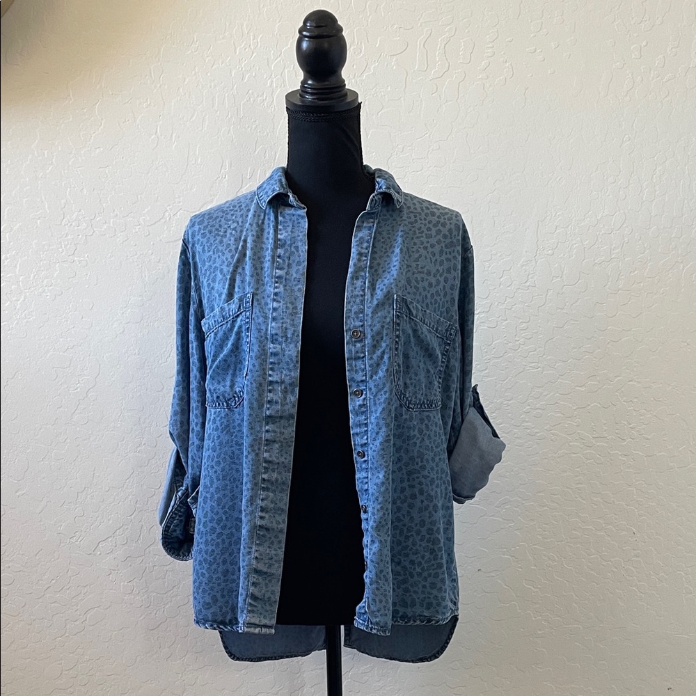 Blue Denim leopard print Button-Up Shirt